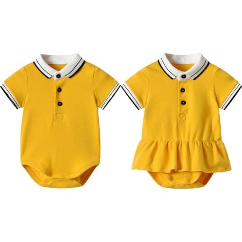 2021 Infant Baby Twins Clothes Short Sleeve Rompers for Brother Sister Matching Jumpsuits Cotton Solid Color Yellow