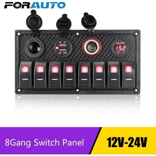 8 Gang Switch Panel Car Marine RV Circuit LED Breaker Digital Voltmeter Dual USB Cigarette Lighter Socket 12V/24V Multifunction