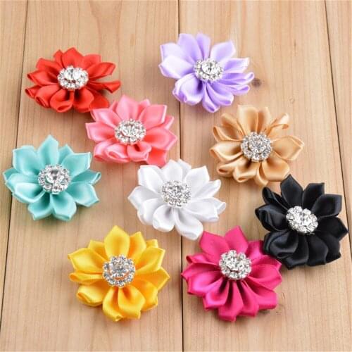 Mini 5cm Satin rosette Chiffon Flower -rhinestone center ribbon decorative flowers mixed colors 30pcs /lot