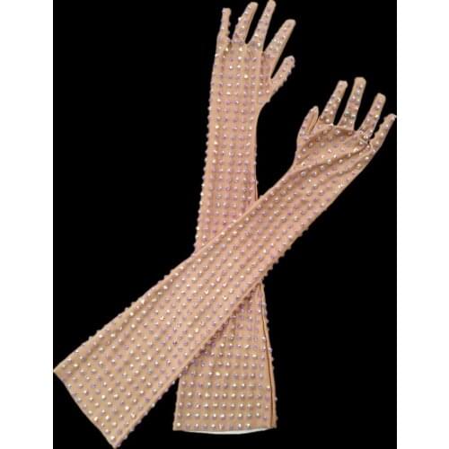 Sparkling Wedding Party Rhinestone Long Gloves Women Stretch Birthday Prom Nude Crystal Gloves Singer Dancer Stage Accessories