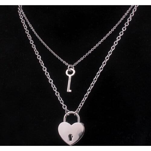 DIEZI Hip Hop Men Silver Color Stainless steel Chain Lock Key Heart Pendant Necklace Fashion Vintage Choker Necklaces for Women