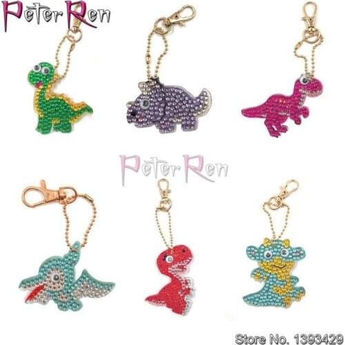 Diy-shaped diamond painting key ring pendant cartoon dinosaur full-drilling rhinestone embroidery crafts home car pendant 6 pcs