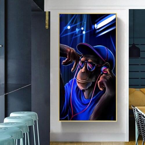 DJ Music Monkey Poster Home Painting Blue Background Canvas Paintings Modern Animal Picture Art Wall Art No Frame