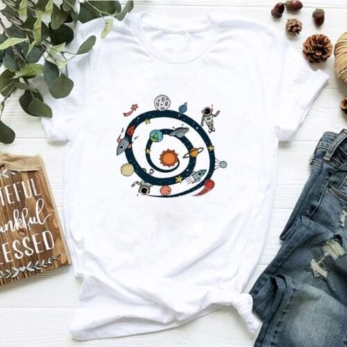 Fun Space astronaut T-Shirt 2021 New Summer T Shirt Women O-neck Short Sleeve Tshirt White Casual Tee Femme Tshirts Clothing Top
