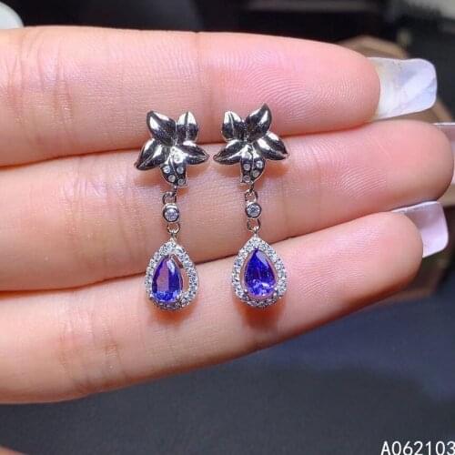 KJJEAXCMY 925 sterling silver inlaid natural Tanzanite Girl elegant lovely water drop plant gem earring ear stud support detecti