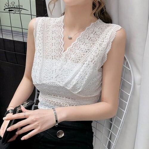 Lace Tank Sleeveless Tops Hollow Out Slim V-neck Sexy Clothes Summer 2021 New Women Tank Top Korean Bottoming Vest Blusas 14917
