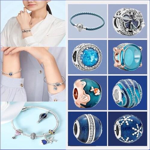 925 Sterling Silver Beads Colored Transparent Glass Inlaid Charms Fit Original Pandora Charm Bracelet Jewelry Making DIY Gift