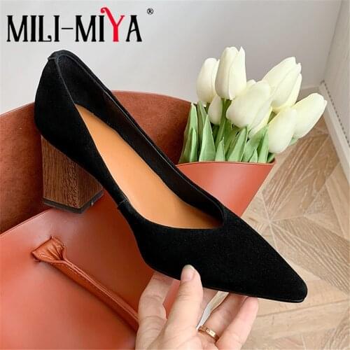 MILI-MIYA New Arrival Women Genuine Leather Pumps Solid Color Thick Heels Slip On Fashion Street Dress Party Shoes Size 34-40