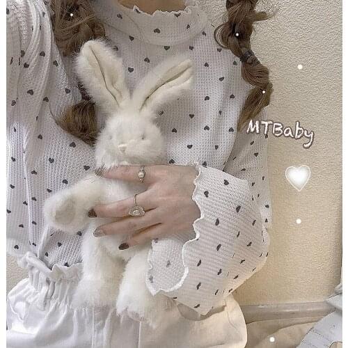 Walf Checks Cute Sweet Womens Autumn Spring Loose T-shirt Long Flare Sleeve Inner-shirt White Tshirt Thin Tops