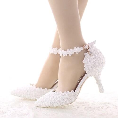 New white pearl lace bridal shoes pointed stiletto with a word wedding shoes 7cm with high female high heel sandals