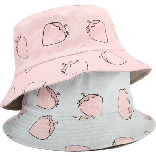 Bucket Hat Womens Summer Fruit Strawberry Double-Sided Wear Bucket Hats Outdoor Travel Sun Hat