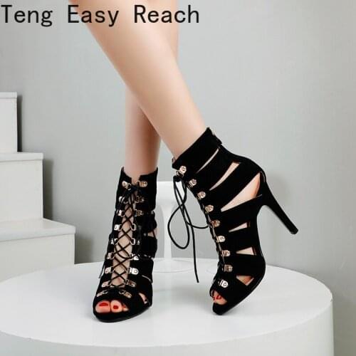 Europe and the United States sexy rivets hollow strap fish mouth high-heeled sandals size 44 45 46 47 48 rhinestone Roman shoes