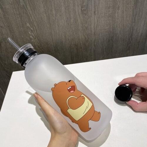 Portable Large Capacity Cartoon Bear Pattern Frosted Leak-proof Drinkware Sports Water Bottle With Straw Lid, Cup Brush