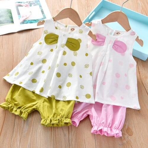 Casual Clothing Sets For Little Girl 1-6 Year Fashion Polka Dots Pattern Vest + Solid Color Short Pants Summer Costume