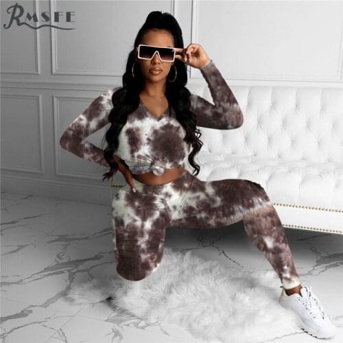 RMSFE 2021 European And American Womens Long Sleeve Round Neck Casual Fashion Tie Dyeing Pleated Sports Two Piece Set