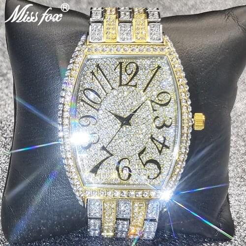 Hip Hop MISSFOX Luxury Gold Mens Watches With Diamond Vast Dial Male Quartz Wristwatch Bling Iced Out Automatic Date AAA Clocks