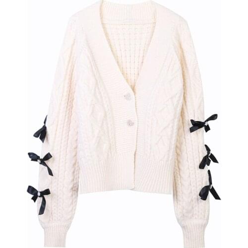 Long-Sleeved Chic Bowknot Sweater Jacket Beige Womens Knitted Cardigan V-Neck Thickened Long-Sleeved Knitted Sweater Jacket