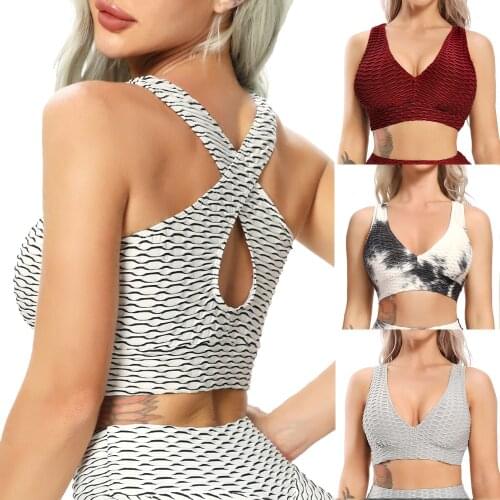 Fitness Sports Bra Women Push Up Solid Cross Back Yoga Running Gym High-Intensity Workout Textured Padded Underwear Crop Tops