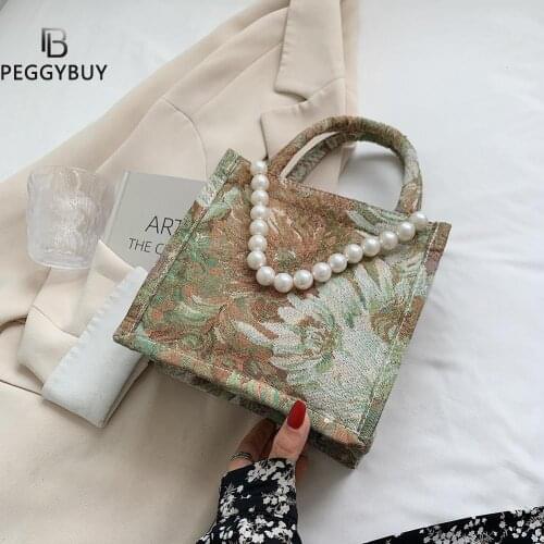 Stylish Simple Canvas Zipper Tote Bags Portable Pearl Chain Handbags for Women Small Daily Shopping Tote Bags