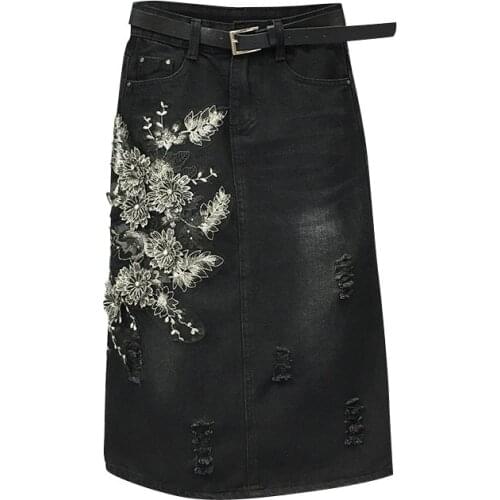 Women Mid-length Denim Skirt Female 2019 Fashion Spring Autumn New E0mbroidery Flower Bag Hip Straight Skirt Black Sexy Bottoms