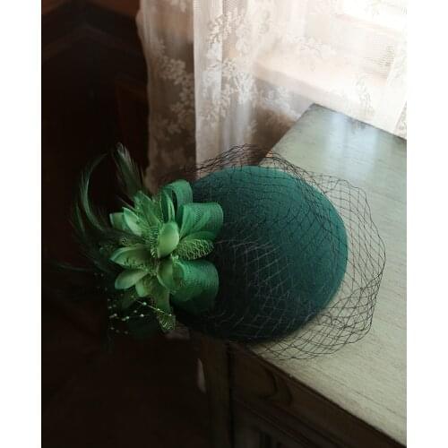 Vintage Pure Wool Fedora Cap Women Mesh Flower Feather Wedding Hat Headwear Elegant Ladies Green Red Winter Autumn Pillbox Beret