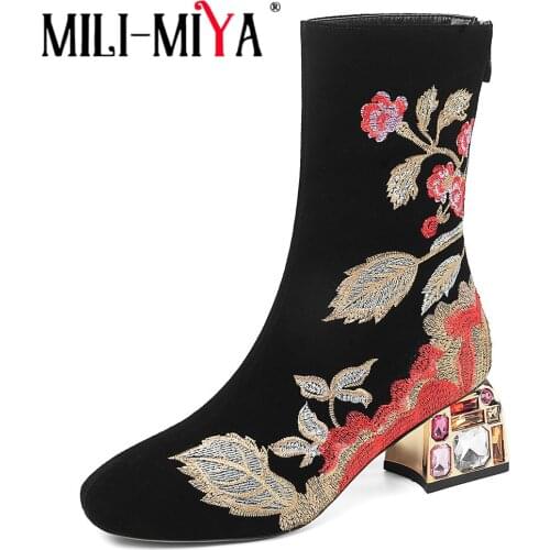 MILI-MIYA Elegant Women Flowers Embroidered Cow Suede Back Zipper Rhinestone Chunky Heel Ankle Boots Round Toe Party Dress Shoes