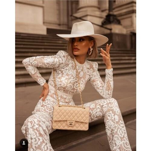 202 Autumn New White Lace Jumpsuit Women Elegant Mesh Floral Full Sleeve Hollow Out Overalls Bodycon Female Rompers Vintage