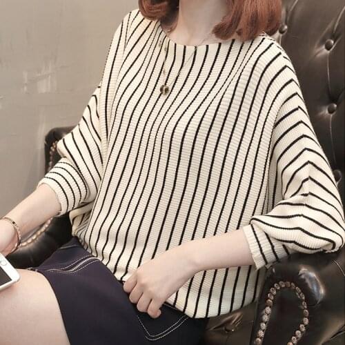 Women Sweater Pullover Striped Batwing Sleeve Ladies Casual Knitted Loose Basic Sweatshirt TOP