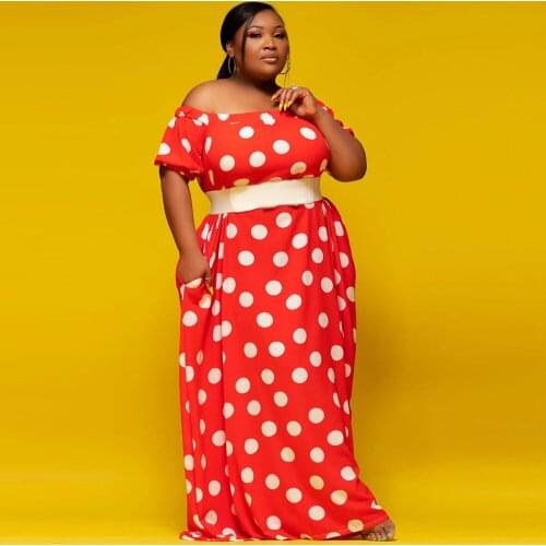 XL-5XL Red White Polka Dot Print Oversize Dress Women Slash Neck Short Sleeve Floor Length Dress Vintage Mujer Long Party Dress