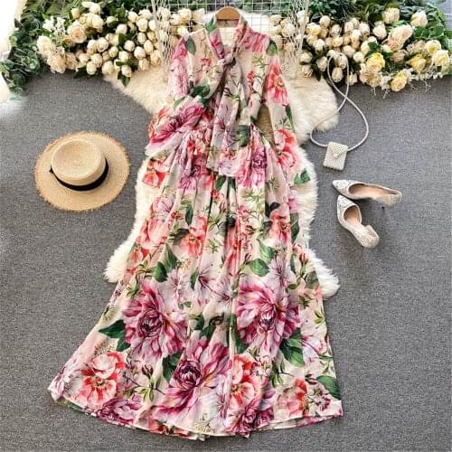 Women Floral Chiffon Beach Maxi Dress Elegant O Neck Long Dresses Fashion Holiday Vestidos Female Robe Woman Clothing Atopos