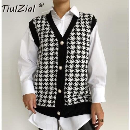 TiulZial Sleeveless V Neck Houndstooth Vest Top Autumn Cardigan Women Sweater Casual Button Loose Knitting Jumper Waistcoat