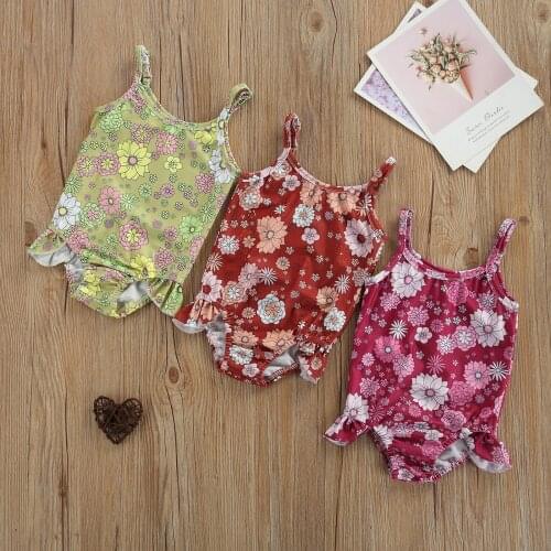 3 Colors Kids Toddler Sweet Girl One-Piece Swimsuit Cute Floral Print Sleeveless Ruffled Bikini Swimsuit Suit for 1-6T