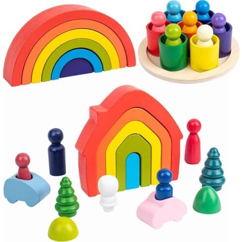 Wooden Colorful Rainbow Building Blocks Assembled House Set Creative Stacking High Montessori Learning Wood Toys for Baby Kids