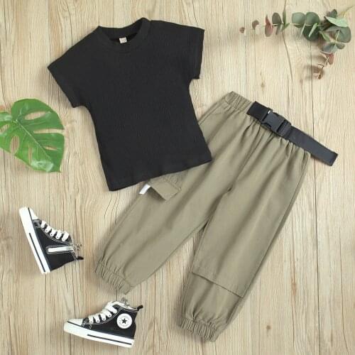 European Style Girls Summer Black T-Shirt Harn Pants Suits Kids Girls Pullover Casaul Trouser Suit Tracksuits