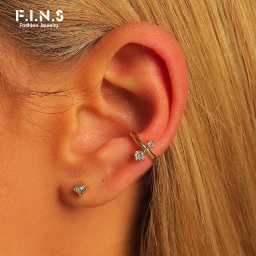 F.I.N.S 2 Pcs/Set Minimalist Stackable Earrings Fashion Jewelry Accessories Cubic Zirconia Ear Cuffs Cartilage Stud Earrings Set