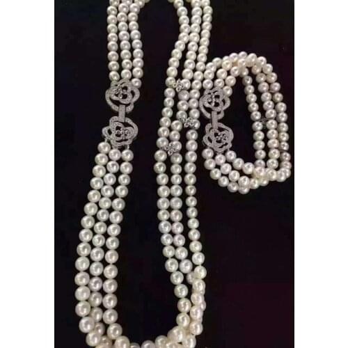 Hot sellnoble jewelry 8-9mm Freshwater white pearl necklace braceler set 925 silver