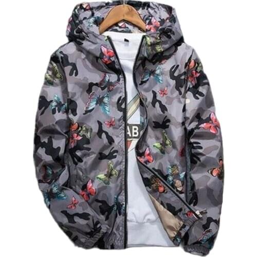 Spring Autumn Men Jacket Fashion Hiphop Hooded Jacket Waterproof Windbreaker Men Thin Jacket Butterfly printing Coat Outerwear