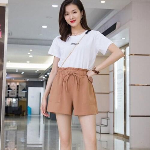 Summer New Women Shorts Korean Style Solid Color High Waist Wide Leg Shorts With Bow Khaki Black