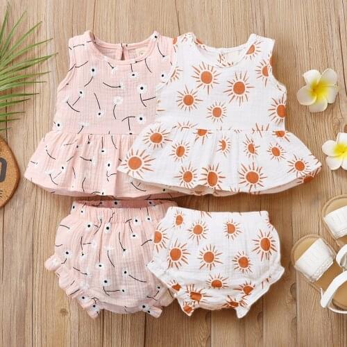 2PCS Summer Baby Girl’s Vest and Shorts Suit Cotton Linen Fresh Daisy/Sun Printed Sleeveless Tops+Triangle Short Girls Clothes