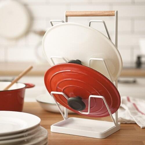 Metal Pot Cover Holder with Drainer Covers Draining Stand White Iron Storage Shelf Organization Home Kitchen Organizer