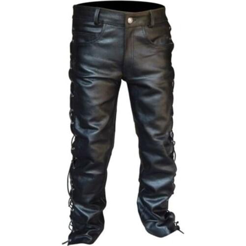 Idopy Men`s Motorcycle Faux Leather Pants Side Lace Up Biker Rider Punk Gothic Party PU Joggings Trousers For Male