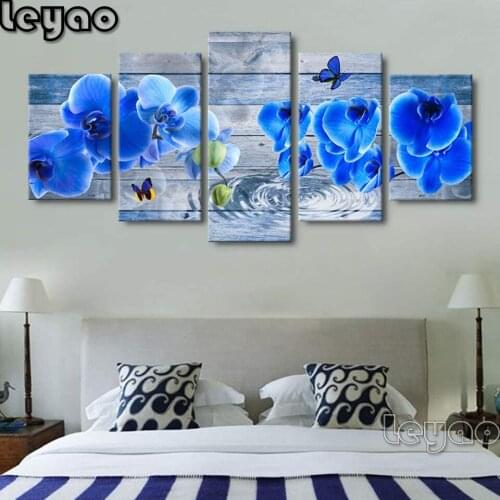 Full Square/Round Drill Blue Orchid Diamond Painting Flower Wall Decoration Multi-Picture Modern 5 Piece Diamond Embroidery gift