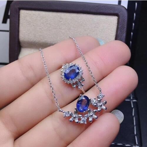 Natural Classic Sapphire S925 Ring Pendant Necklace Set Fine Fashion Jewelry for Women Free Shipping MeibaPJFS