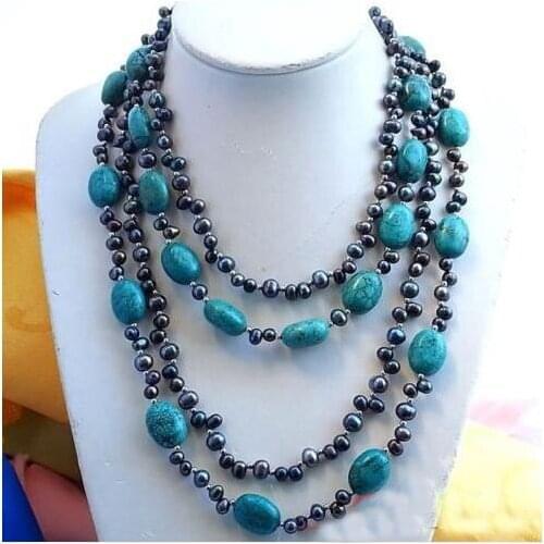 New Arriver Real Pearl Jewellery,4Rows Ellipse Tur-quoise Black Rice Freshwater Pearl Necklace,Fashion Women Birthday Gift