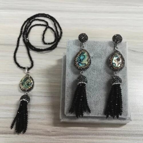 Boho Waterdrop Blue Shell Charm Black Bead Tassel Dangle Earring Tiny Chic Tidy Tassels Pendant Necklace Jewelry Set For Women