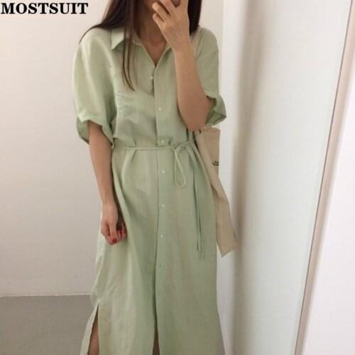 Single Breasted Belted Shirt Dress Women Summer Short Sleeve Loose Waist Long Dresses Solid Korean Casual Fashion Female Vestido
