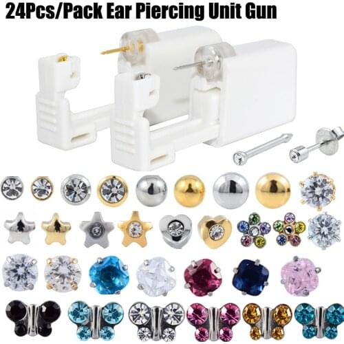 24pcs/Pack Disposable Sterile Ear Piercing Unit Cartilage Tragus Helix Piercing Gun Tool Kit Stud Piercer Tool Machine Kit