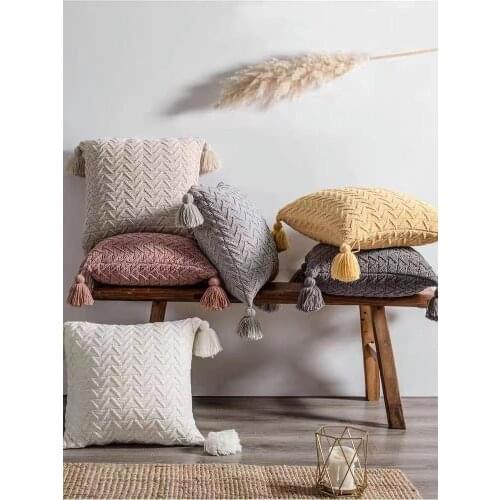 Nordic Fresh Chenille Bedside Pillow Waist Pillows Sofa Knit Tassel Literary Removable Cushion Woven Living Room Backing Block