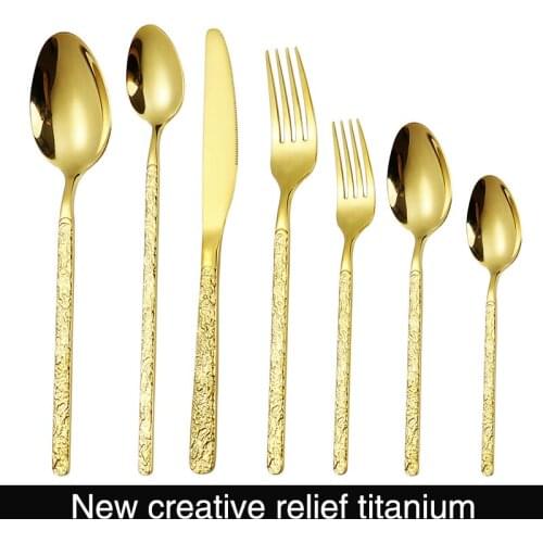 Relief titanium plated 201stainless steel knife fork and Spoon Set Spoon dessert spoon coffee spoon dinner knife fork fruit fork