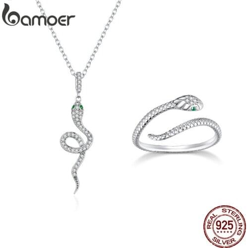 Bamoer 925 Sterling Silver Luxury Brand Snake Pendant Necklace Adjustable Band Rings for Women ZHS205